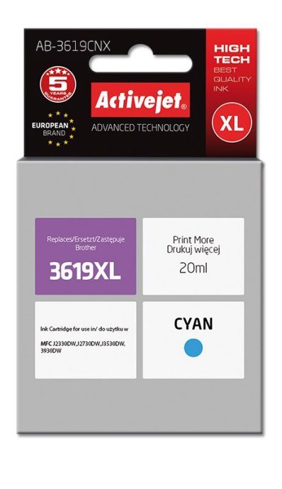 Activejet AB-3619CNX Tsüaani tint (Brother LC3619C XL asendus; Supreme; 20 ml)