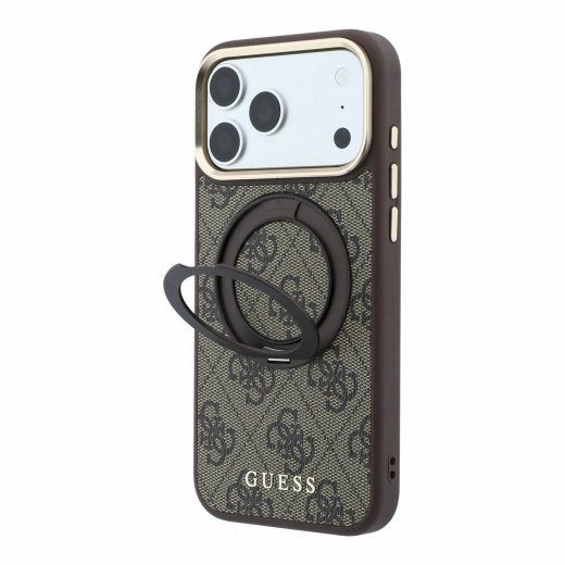Guess PU 4G rõngastandiga MagSafe ümbris iPhone 18 Pro Max jaoks / Pruun