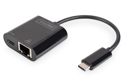 Digitus USB-Type-C Gigabit Ethernet adapterius + PD su maitinimo funkcija DN-3027 Juoda USB-C prievadu iki Gigabit tinklo jungties