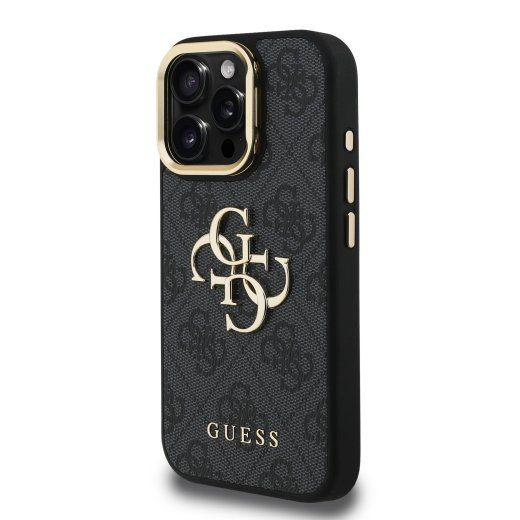 Guess PU 4G Metal Logo Stand Camera Frame Case iPhone 15 Pro Max jaoks / Black
