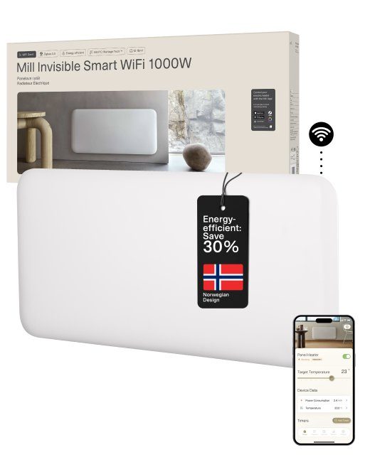 Mill Nähtamatu Nutikas WiFi Küttekeha PA1000WIFI4 Paneelküttekeha 1000 W Sobib tubadele kuni 12-16 m² Valge IPX4