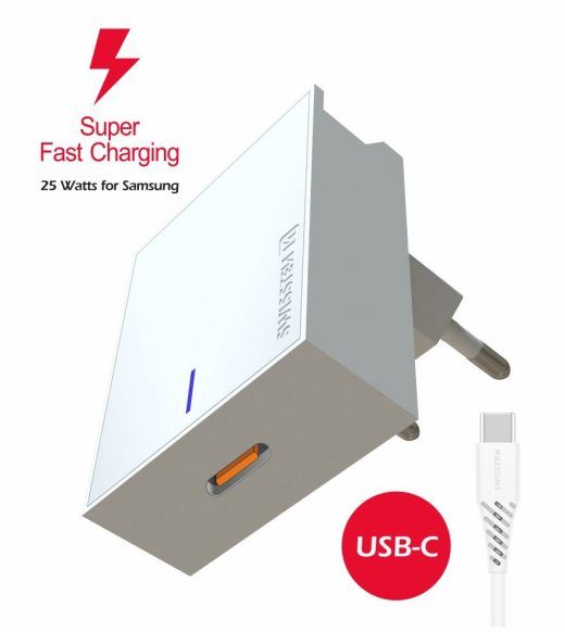 Swissten 25W Samsung Super Fast Charging reisilaadija koos 1.2m USB-C kuni USB-C kaabliga