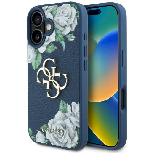 Ümbris Guess Grained Roses Big 4G logo iPhone 16 jaoks / sinine