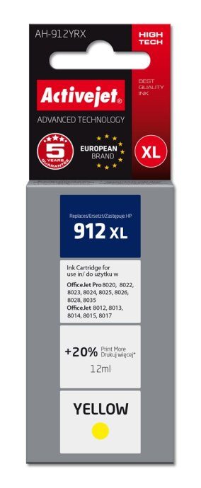 Activejet AH-912YRX Tindikassett (asendus HP 912XL 3YL83AE; Premium; 990 lehekülge; 12 ml, kollane)