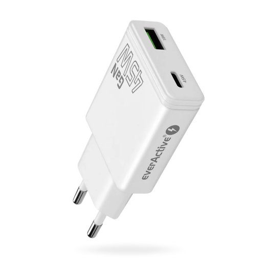 GaN Charger with 1x USB-C and 1x USB Quick Charge 3.0 45W PD, White