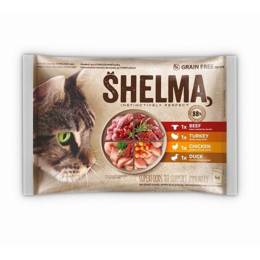 SHELMA Rich in chicken, turkey, beef and duck - märgkassitoit - 4x85g
