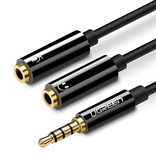 UGREEN AV141 Kabelio adapteris 3.5mm 4pin vyriškas - 2x3.5mm moteriškas (ausinės + mikrofonas) 0.2m / juodas
