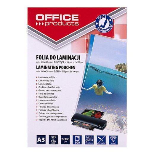 OFFICE PRODUCTS Laminatsioonikilet, A3, 2x100 mikronit, läikvõimeline, 100 lehte, läbipaistev