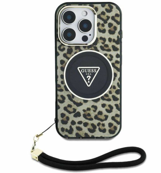 Guess HC IML Leopard Triangle Cord Strap ümbris Apple iPhone 16 Pro jaoks