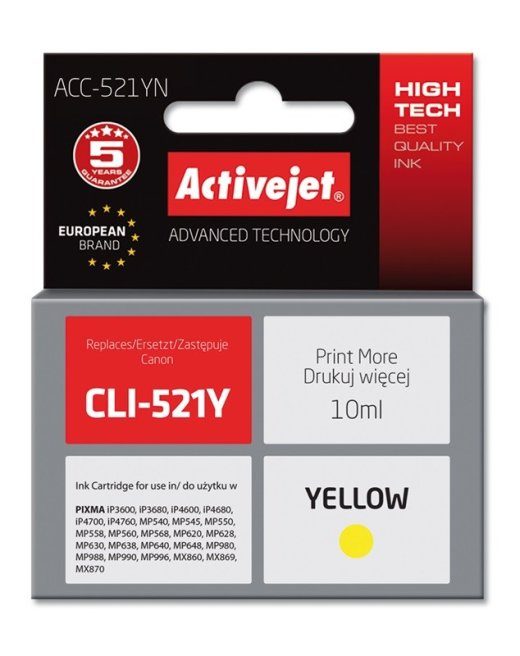 Activejet ACC-521YN tint (asendus Canon CLI-521Y-le; Supreme; 10 ml; kollane)