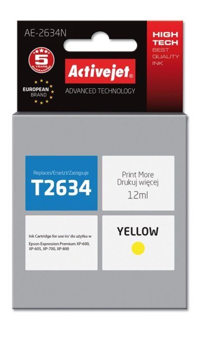 Activejet AE-2634N tindikassett (asendus Epson 26 T2634 jaoks; Supreme; 12 ml; kollane)