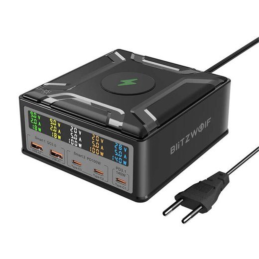 Blitzwolf BW-S28 260W, 2xUSB-A, 3xUSB-C, 15W juhtmevaba laadija (must)