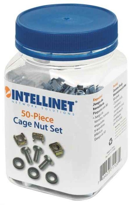 Intellinet Cage Nut Set (50 tk), M6 mutrid, poldid ja alusplaatid võrgukappide/serveririiulite jaoks, plastist salvestusalus, eluaegne garantii