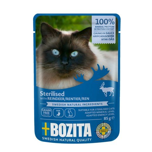 BOZITA Sterilised Liha kuubikud kastmes põdraga – märgkassitoit – 85g