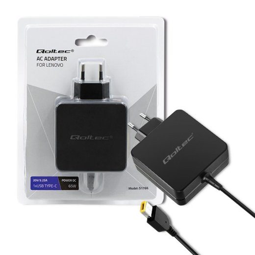 Qoltec 51766 vooluadapter Lenovo jaoks 65W 20V 3.25A Slim tip+pin