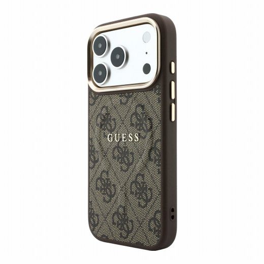 Guess PU Nahast 4G Kuldne Raam Reljeefne MagSafe Kaitseklaas iPhone 18 Pro Max jaoks Pruun
