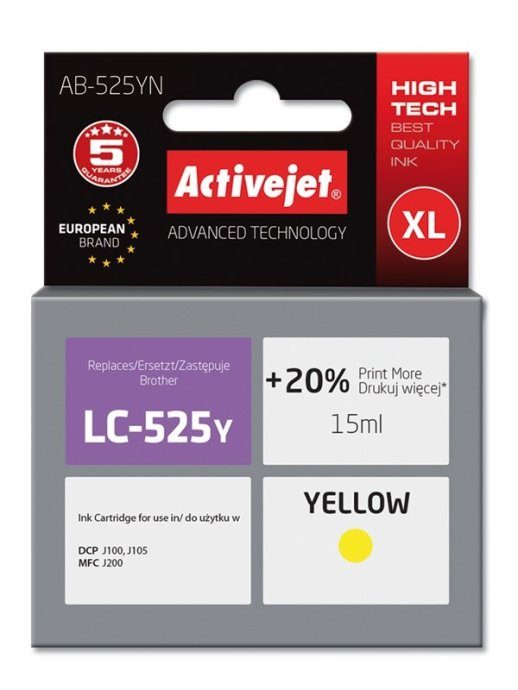 Activejet AB-525YN Tint (Asendus Brother LC525Y jaoks; Supreme; 15 ml; kollane)