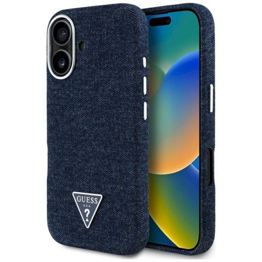 Ümbris Guess Denim Kolmnurkne logo MagSafe iPhone 16 jaoks / sinine