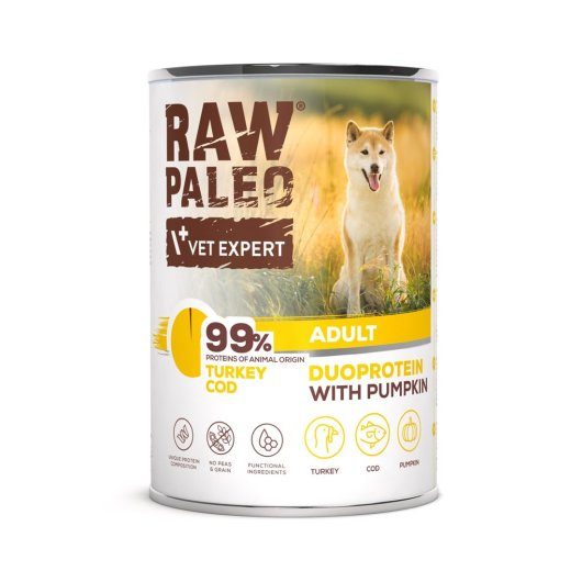 VETEXPERT Raw Paleo Duoprotein Linnuliha & Tursk Täiskasvanud - märgkoeratoit - 400g