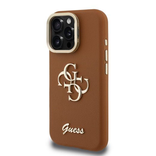 Guess PU Grained 4G Logo Stand Camera Frame Case iPhone 15 Pro Max jaoks / Brown