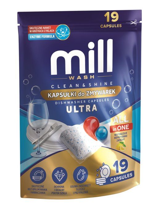 MILL CLEAN&SHINE Ultra nõudepesutabletid, 19 kapslit, 3K.D