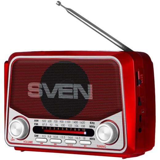 Speaker SVEN SRP-150, red (3W, Bluetooth, FM/AM/SW, USB, microSD, flashlight, battery)