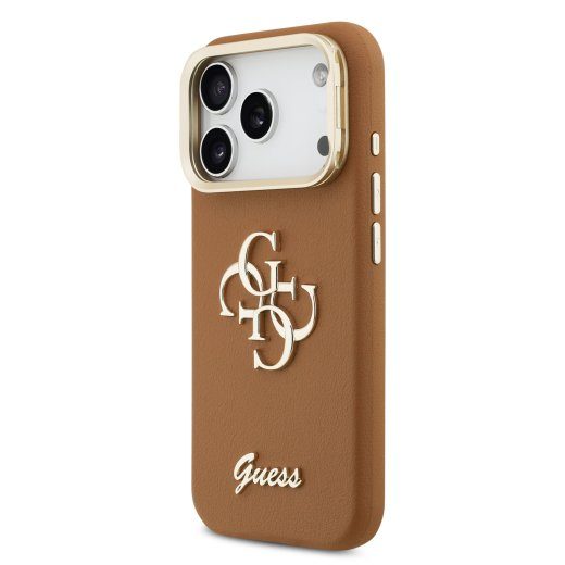 Guess PU Grained 4G Logo Stand Camera Frame Case iPhone 17 Pro jaoks / Brown