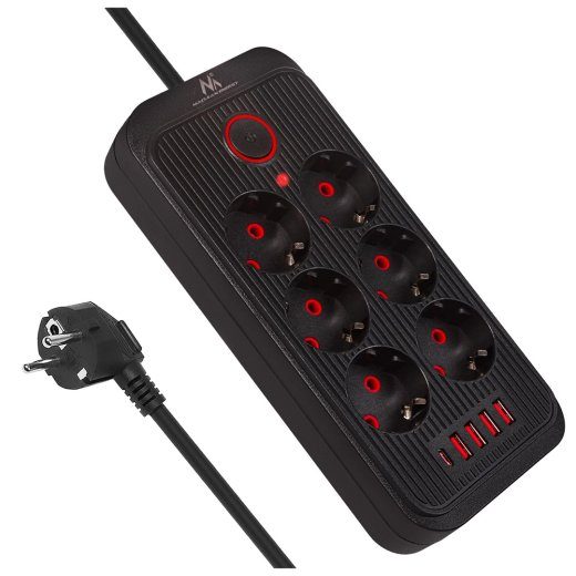Maclean Power Strip, 6 Socket Extension + 4xUSB, 110-240V AC 50/60Hz, 2.1A Max 2500W, 1.5m, Black, MCE389 B