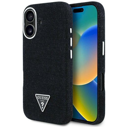 Ümbris Guess Denim Kolmnurkne logo MagSafe iPhone 16 jaoks / must