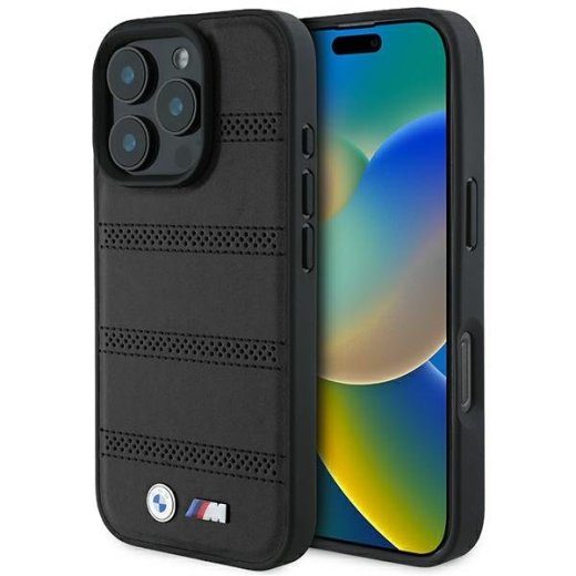 BMW M perforeritud ja õmmeldud triipudega MagSafe kõvaümbris Apple iPhone 16 Pro jaoks