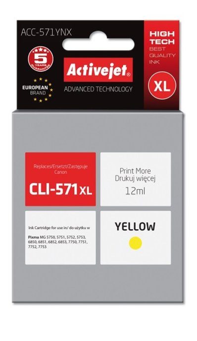 Activejet ACC-571YNX tint (asendus Canon CLI-571XLY-le; Supreme; 12 ml; kollane)