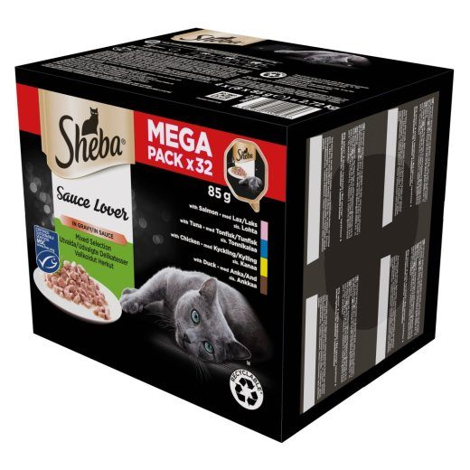 SHEBA Sauce Lover Hani, kana, lõhe, tuunikala – märg kassitoit – 32 x 85g