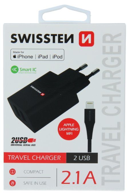 Swissten Smart IC reisilaadija 2x USB 2.1A koos Lightning MFI kaabliga 1.2m