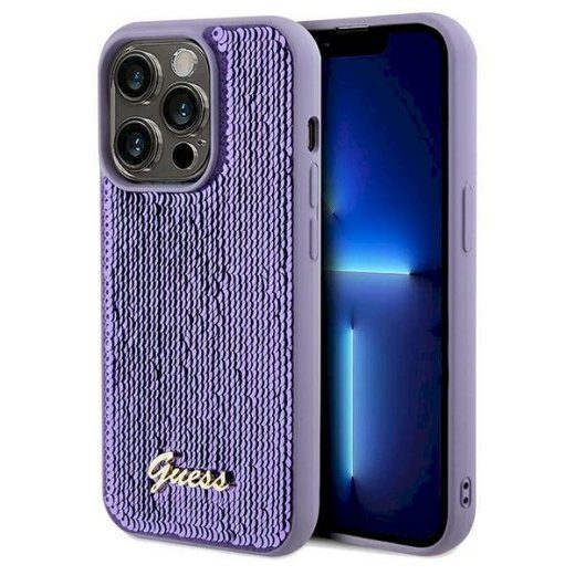 Guess GUHCP13XPSFDGSU Pailletse kalligraafiline metallist kõvaümbris iPhone 13 Pro Max 6.7" jaoks / lilla