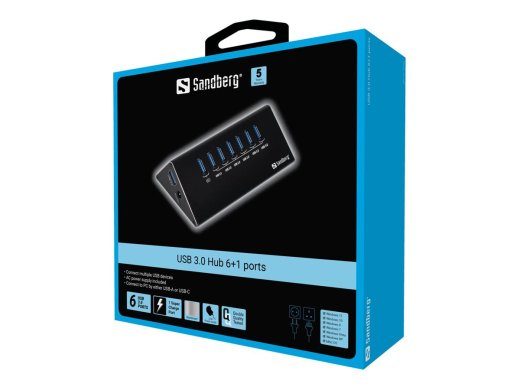 SANDBERG USB 3.0 Hub 7ports Seitse USB 3.0 väljundit ülekoormuskaitsega 1m USB 3.0 kaabel ja 230V toiteallikas kaasas