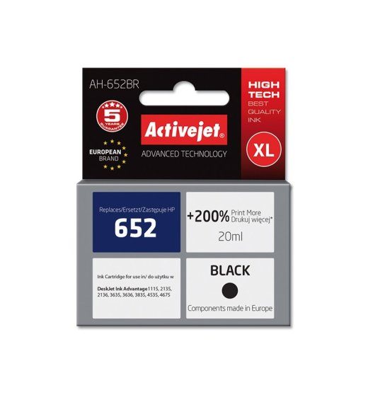 Activejet AH-652BR tint (asendub HP 652 F6V25AE-ga; Premium; 20 ml; must)