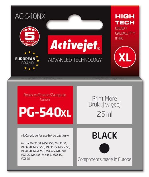 Activejet AC-540NX tint Canon printerile (asendus Canon PG-540XL) Supreme, 25 ml, must