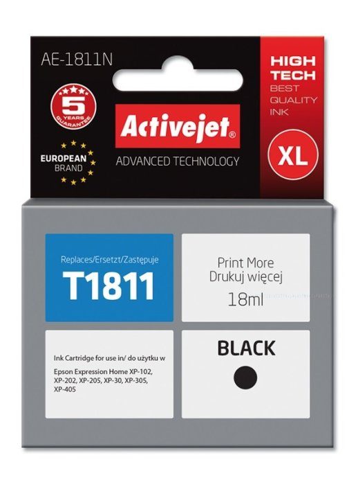 Activejet AE-1811N tindikassett (asendus Epson 18XL T1811 jaoks; Supreme; 18 ml; must)