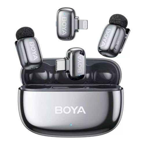 Boya Microphone Wireless Mini 2-01 2.4GHz, AI triukšmo slopinimas su 2 siųstuvais ir 2 imtuvais (Type-C ir Lightning) Space Gray