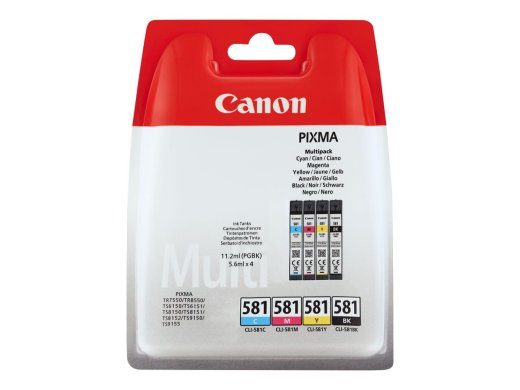 Canon CLI 581 BK/C/M/Y Multi Pack Black Yellow Cyan Magenta 200-page (Black), 250-page (Color) Ink Tank