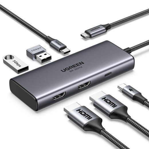 UGREEN CM498 Dokkimisjaam 6in1 USB-C - USB-A 3.0, USB-C 3.0, 2xHDMI, PD