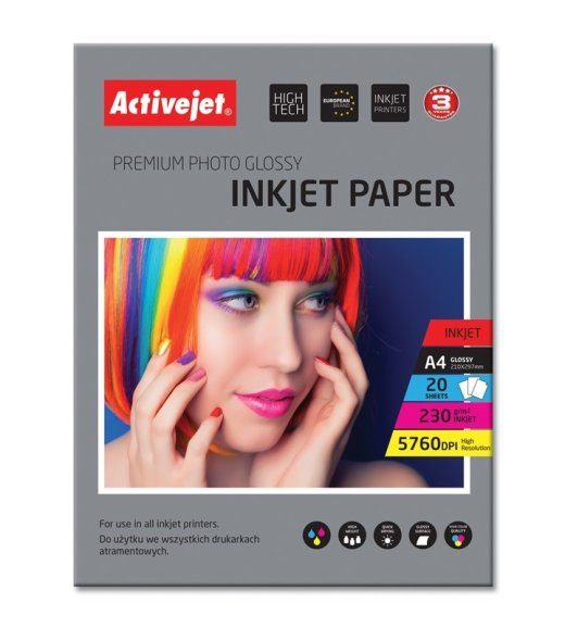 Activejet AP4-230G20 läikiv fotopaber tindiprinteritele; A4; 20 tk
