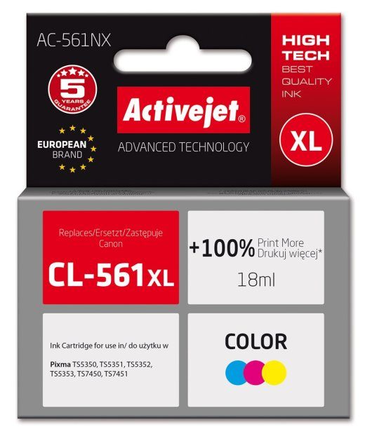 Activejet AC-561NX tint (asendus Canon CL-561XL-le; Supreme; 18 ml; Värv: tsüaan, magenta, kollane)