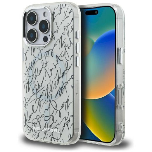 Karl Lagerfeld IML Karl kirjakujuline muster MagSafe ümbris iPhone 16 Pro Max jaoks / valge