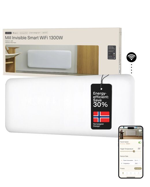 Mill Nähtamatu Nutikas WiFi Küttekeha PA1300WIFI4 Paneelküttekeha 1300 W Sobib tubadele kuni 15-19 m² Valge IPX4