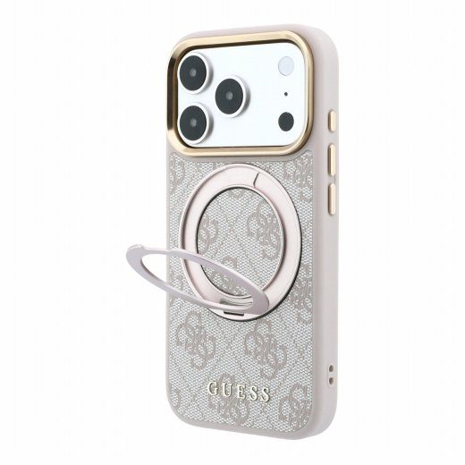 Guess PU 4G rõngastandiga MagSafe ümbris iPhone 18 Pro jaoks / Roosa