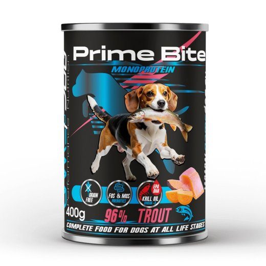 PRIME BITE Monoprotein Forell maguskartuliga - märgkoeratoit - 400g