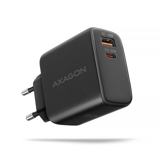 AXAGON GaN seinalaenutus 2x port (USB-A + USB-C), PD3.0/PPS/QC4+/SFC2.0/AFC/SCP/FCP/Apple, 45W ACU-PQ45