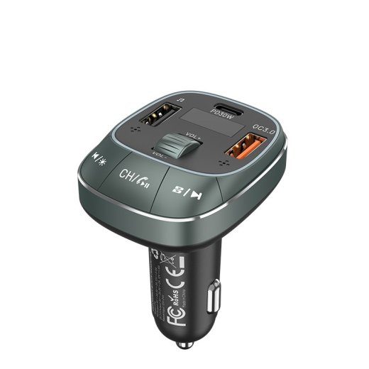 Vention 3-Port USB (C + A + A) Autolaadija FM Transmitteriga (30W/18W/5W) Must ABS Tüüp