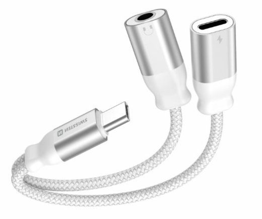 Swissten Tekstilinis USB-C / USB-C / Aux 3.5mm Įkrovimo Audio Adapteris 0.12m